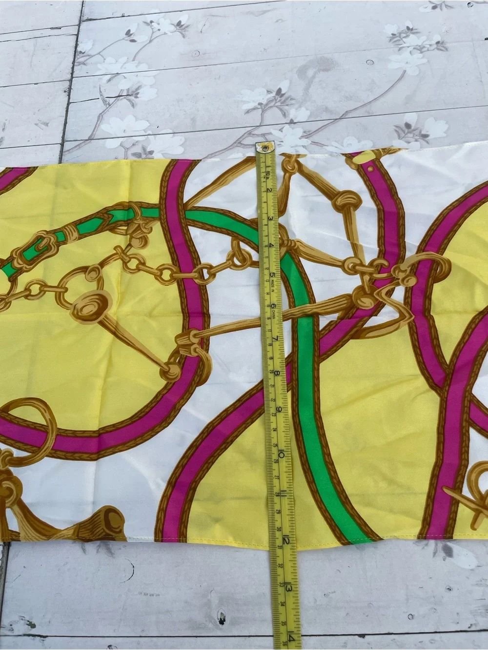 Lauren Ralph Lauren Yellow Silk Scarf with Pink and Green Chain Motif